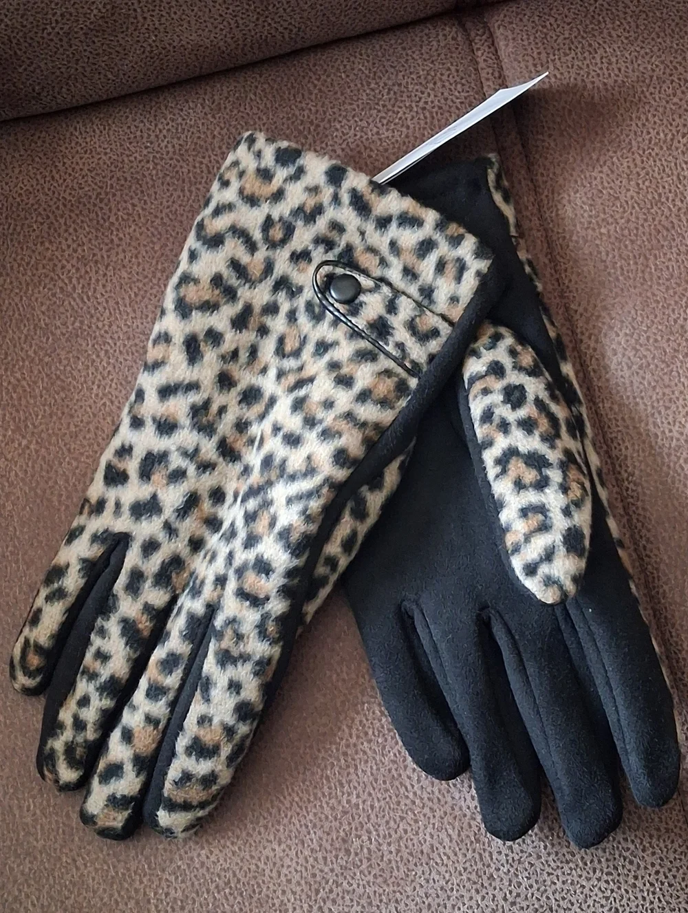 Time And Tru Leopard Print Faux Fur Gloves - Black & Tan L-XL